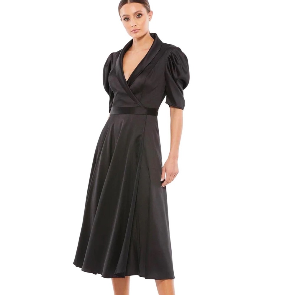 IEENA‎ for MAC DUGGAL SZ 10 Black Satin Puff Sleeve Wrap Maxi Dress NEW $358